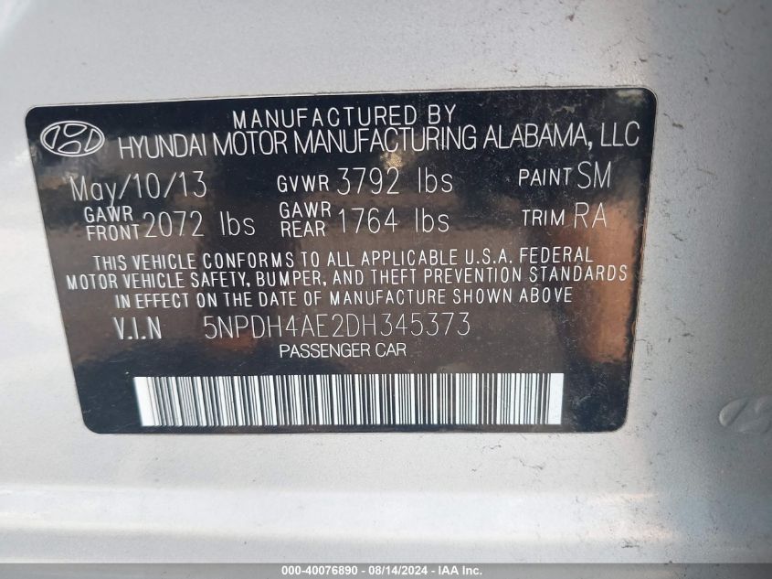 2013 Hyundai Elantra Gls VIN: 5NPDH4AE2DH345373 Lot: 40076890