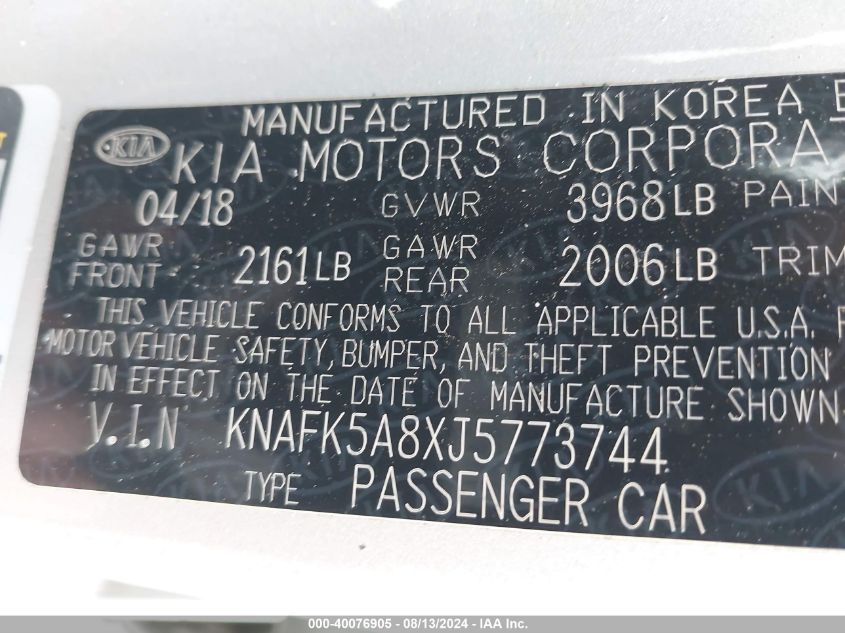 2018 Kia Forte Lx VIN: KNAFK5A8XJ5773744 Lot: 40076905