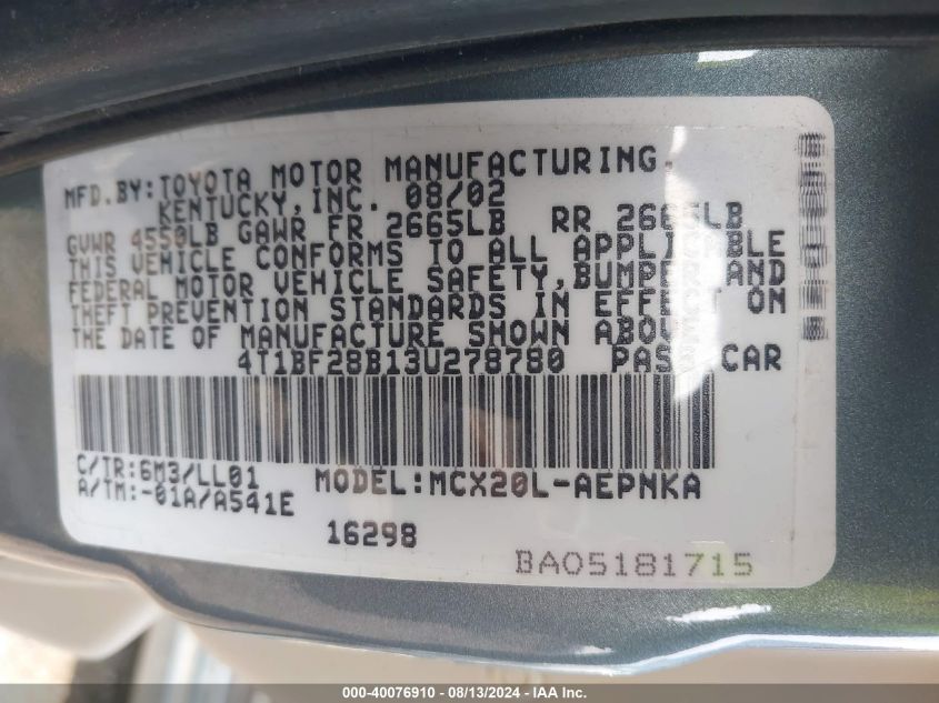 2003 Toyota Avalon Xl VIN: 4T1BF28B13U278780 Lot: 40076910