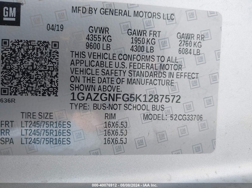 2019 CHEVROLET EXPRESS 3500 LS - 1GAZGNFG5K1287572