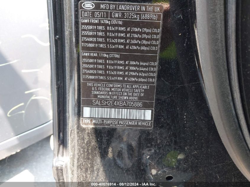 2011 Land Rover Range Rover Sport Supercharged VIN: SALSH2E4XBA705886 Lot: 40076914