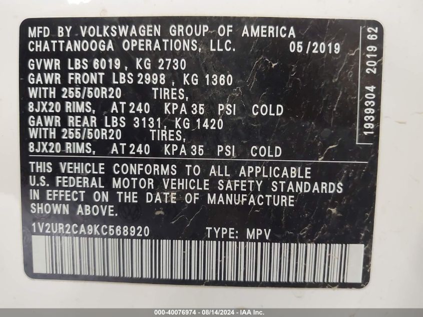 1V2UR2CA9KC568920 2019 Volkswagen Atlas 3.6L V6 Se W/Technology