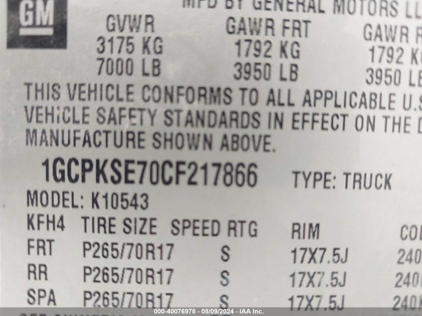 2012 Chevrolet Silverado 1500 Lt VIN: 1GCPKSE70CF217866 Lot: 40076978