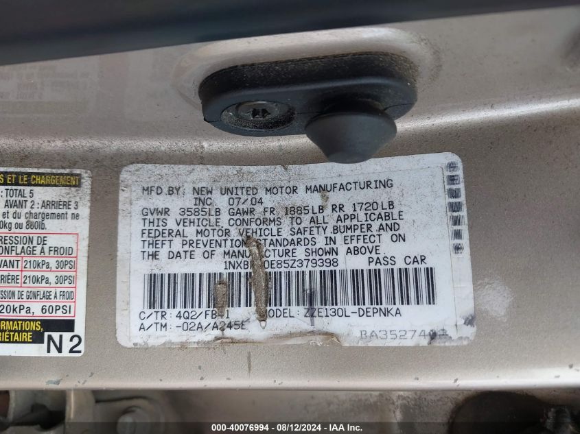 2005 Toyota Corolla Le VIN: 1NXBR30E85Z379398 Lot: 40076994