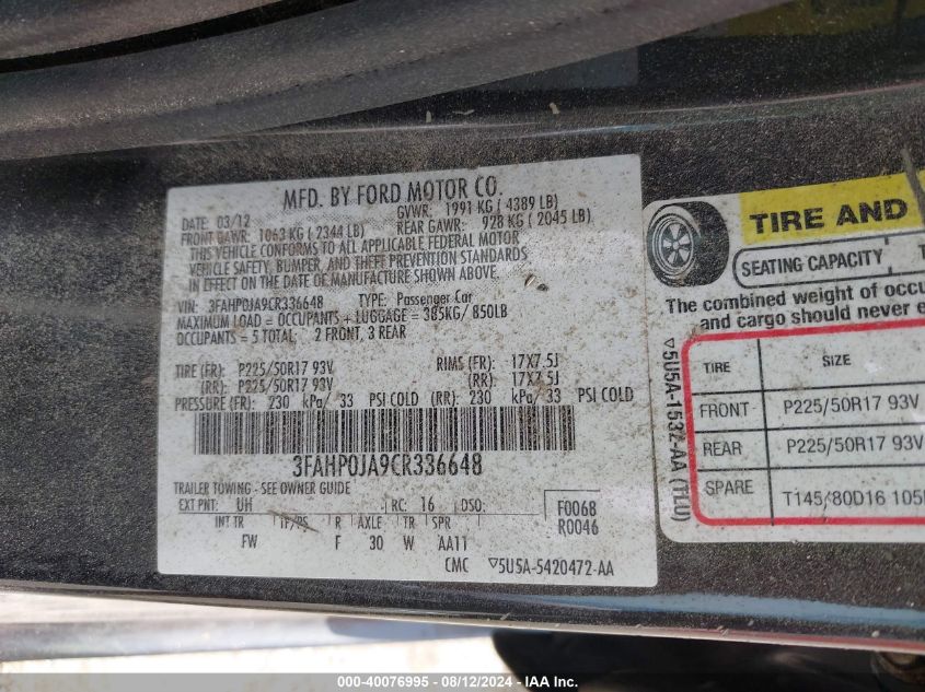 2012 Ford Fusion Sel VIN: 3FAHP0JA9CR336648 Lot: 40076995