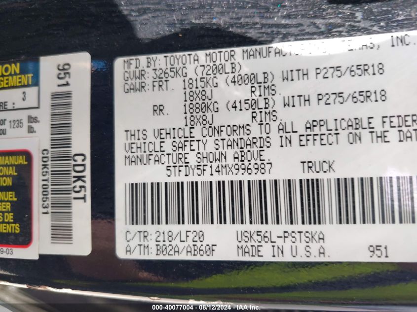 2021 Toyota Tundra Crewmax Sr5/Crewmax Trd P VIN: 5TFDY5F14MX996987 Lot: 40077004