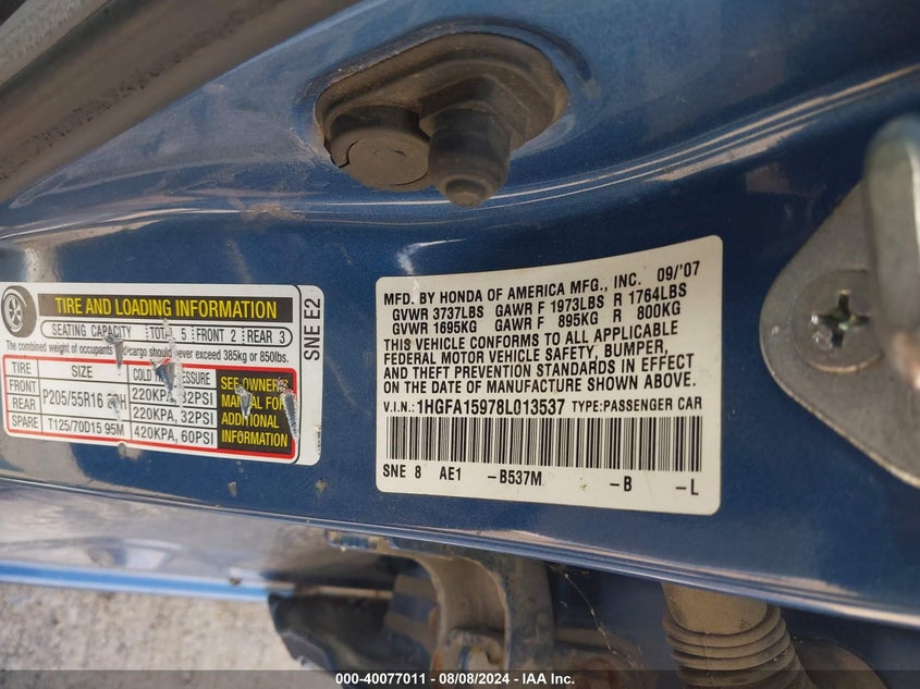 2008 Honda Civic Ex-L VIN: 1HGFA15978L013537 Lot: 40077011