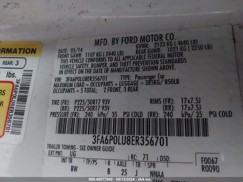 2014 Ford Fusion Hybrid Se VIN: 3FA6P0LU8ER356701 Lot: 40077040