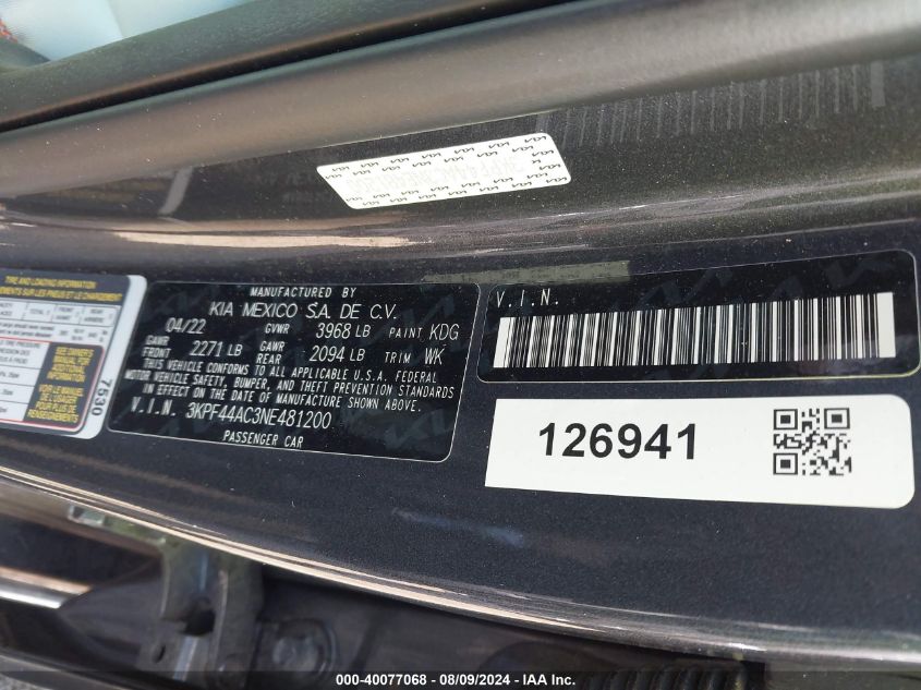2022 Kia Forte Gt VIN: 3KPF44AC3NE481200 Lot: 40077068