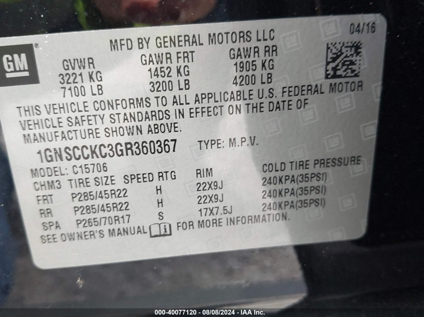 2016 Chevrolet Tahoe Ltz VIN: 1GNSCCKC3GR360367 Lot: 40077120