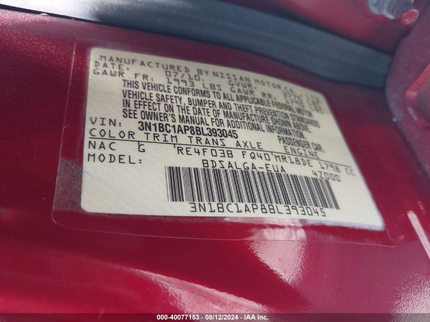 2011 Nissan Versa 1.8Sl VIN: 3N1BC1AP8BL393045 Lot: 40077153