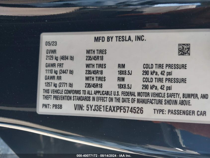 2023 Tesla Model 3 Rear-Wheel Drive VIN: 5YJ3E1EAXPF574526 Lot: 40077172