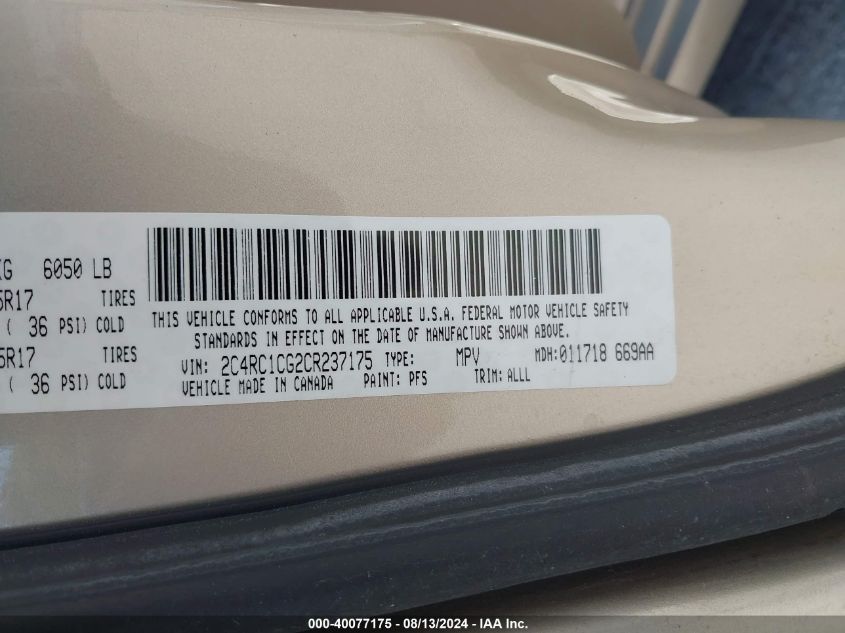 2012 Chrysler Town & Country Touring-L VIN: 2C4RC1CG2CR237175 Lot: 40077175