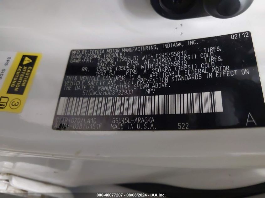 2012 Toyota Highlander Limited V6 VIN: 5TDDK3EH0CS132933 Lot: 40077207