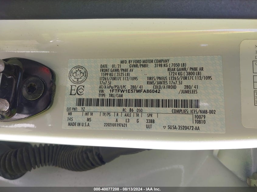 2021 FORD F-150 VIN: 1FTFW1E57MFA86042