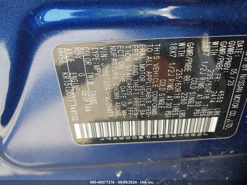 2023 Nissan Rogue Sv VIN: JN8BT3BA1PW009471 Lot: 40077216