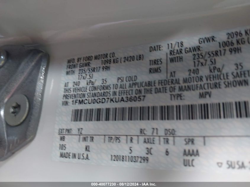 2019 Ford Escape Se VIN: 1FMCU0GD7KUA36057 Lot: 40077230