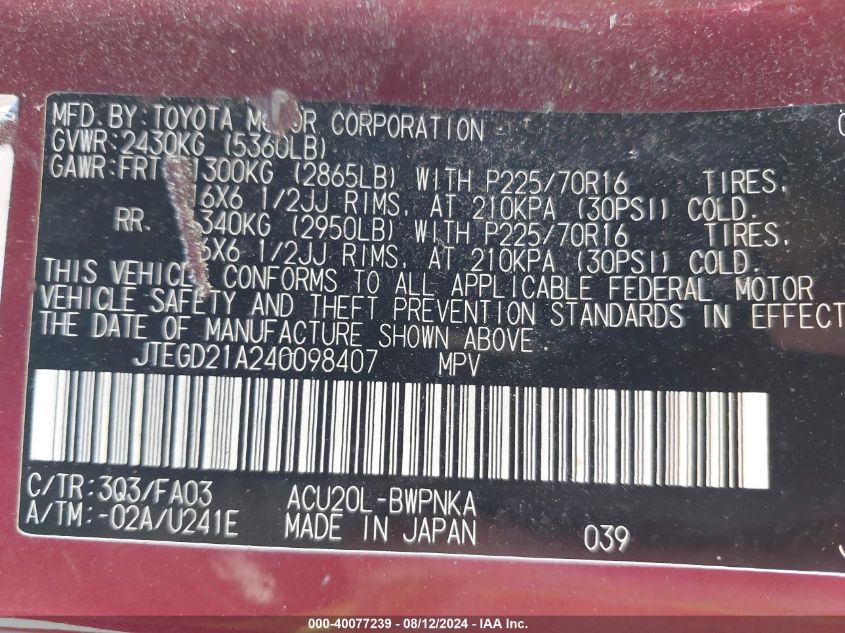 2004 Toyota Highlander VIN: JTEGD21A240098407 Lot: 40077239