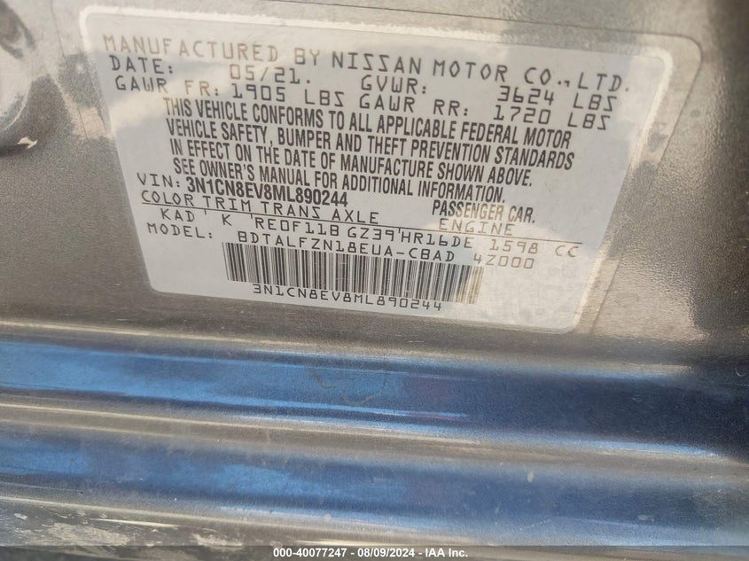 2021 Nissan Versa Sv VIN: 3N1CN8EV8ML890244 Lot: 40077247