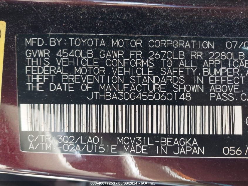 2005 Lexus Es 330 VIN: JTHBA30G455060148 Lot: 40077253