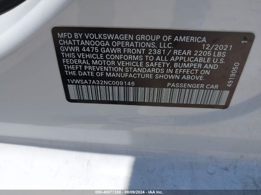 2022 Volkswagen Passat Se VIN: 1VWSA7A32NC009146 Lot: 40077288