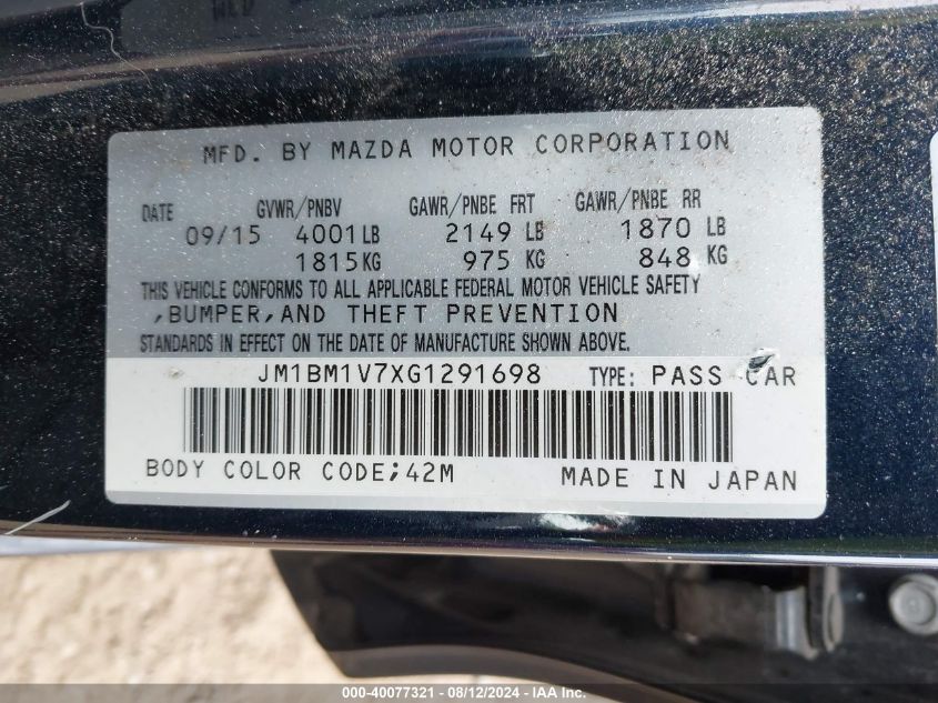 2016 Mazda 3 Touring VIN: JM1BM1V7XG1291698 Lot: 40077321