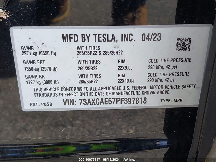 2023 Tesla Model X Dual Motor All-Wheel Drive/Standard Range VIN: 7SAXCAE57PF397818 Lot: 40077347