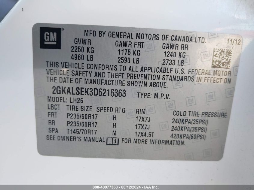 2013 GMC Terrain Sle-2 VIN: 2GKALSEK3D6216363 Lot: 40077368