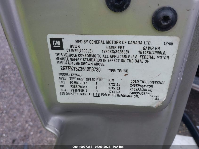 2006 GMC Sierra 1500 Sle2 VIN: 2GTEK13Z261258730 Lot: 40077383
