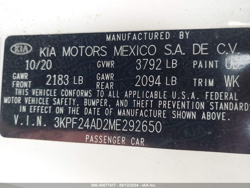 2021 Kia Forte Lxs VIN: 3KPF24AD2ME292650 Lot: 40077417