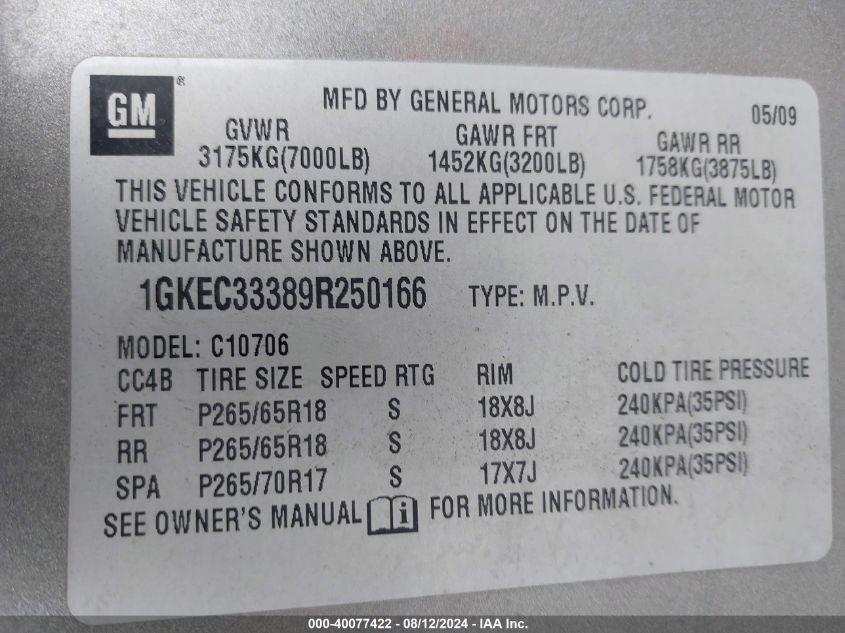 2009 GMC Yukon Slt2 VIN: 1GKEC33389R250166 Lot: 40077422