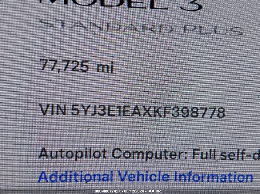 2019 Tesla Model 3 Long Range/Mid Range/Standard Range/Standard Range Plus VIN: 5YJ3E1EAXKF398778 Lot: 40077427