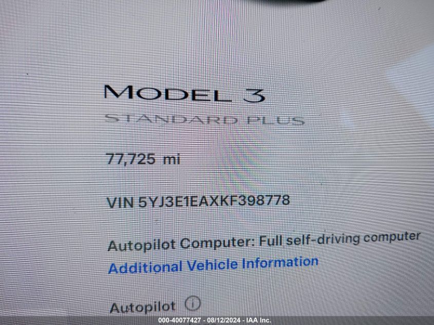 2019 Tesla Model 3 Long Range/Mid Range/Standard Range/Standard Range Plus VIN: 5YJ3E1EAXKF398778 Lot: 40077427