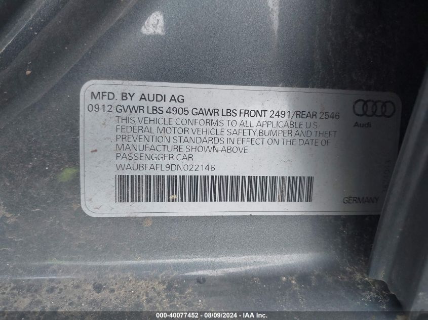 WAUBFAFL9DN022146 2013 Audi A4 2.0T Premium