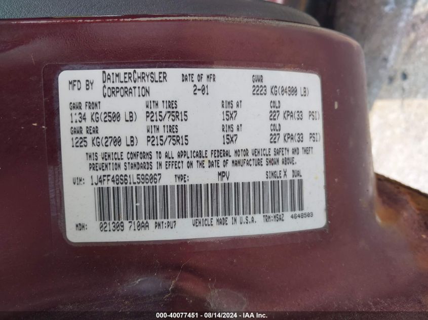 2001 Jeep Cherokee Sport VIN: 1J4FF48S61L596067 Lot: 40077451