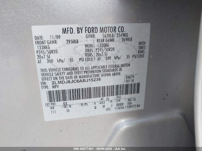 2010 Lincoln Mkx VIN: 2LMDJ8JC6ABJ15238 Lot: 40077461