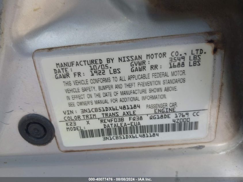 2006 Nissan Sentra 1.8S VIN: 3N1CB51DX6L481184 Lot: 40077476