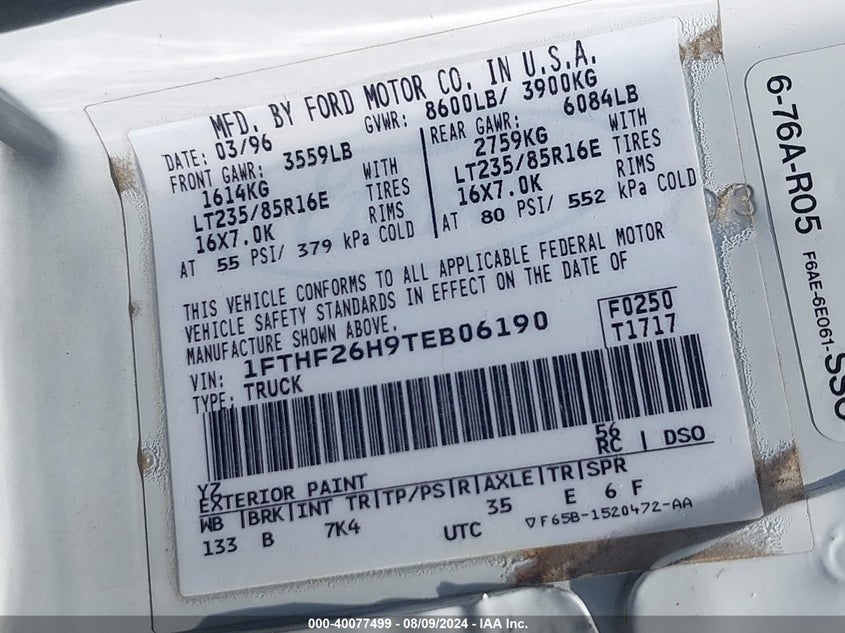 1996 Ford F250 VIN: 1FTHF26H9TEB06190 Lot: 40077499
