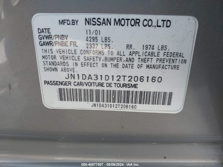 2002 Nissan Maxima Se VIN: JN1DA31D12T206160 Lot: 40077507