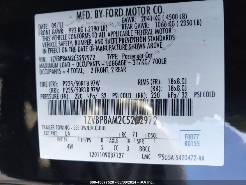 2012 Ford Mustang V6 Premium VIN: 1ZVBP8AM2C5252972 Lot: 40077520