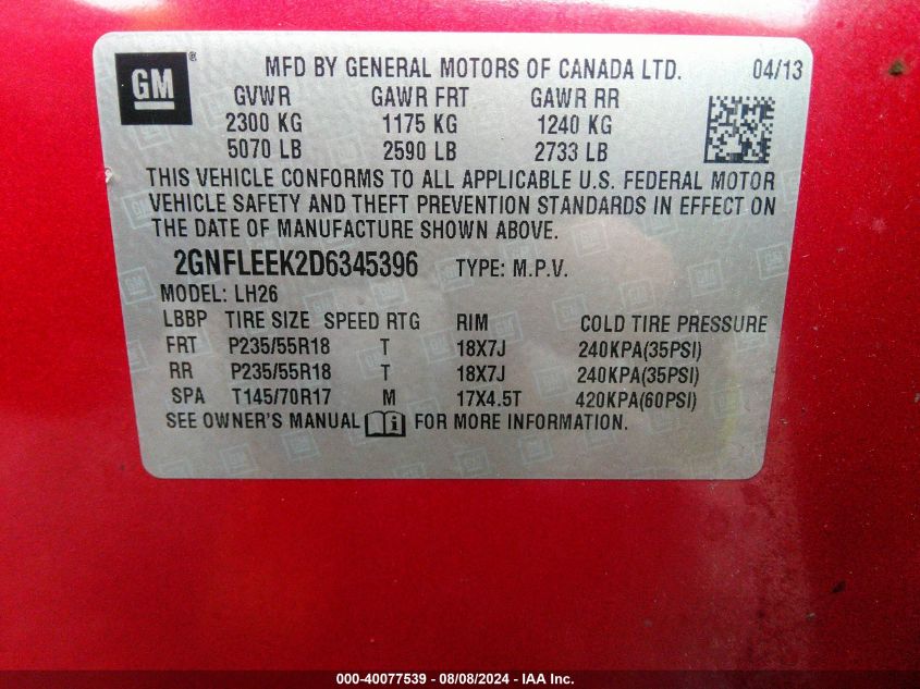 2013 Chevrolet Equinox 1Lt VIN: 2GNFLEEK2D6345396 Lot: 40077539