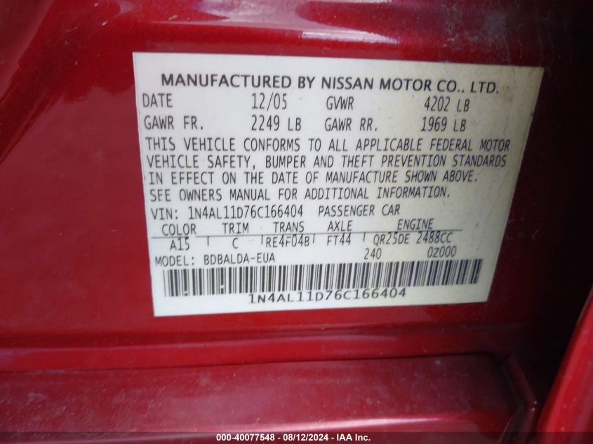 2006 Nissan Altima 2.5 S VIN: 1N4AL11D76C166404 Lot: 40077548