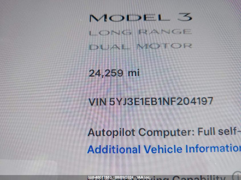 2022 Tesla Model 3 Long Range Dual Motor All-Wheel Drive VIN: 5YJ3E1EB1NF204197 Lot: 40077553