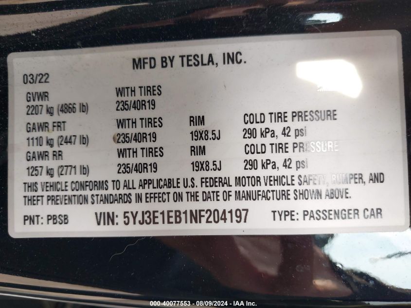 2022 Tesla Model 3 Long Range Dual Motor All-Wheel Drive VIN: 5YJ3E1EB1NF204197 Lot: 40077553