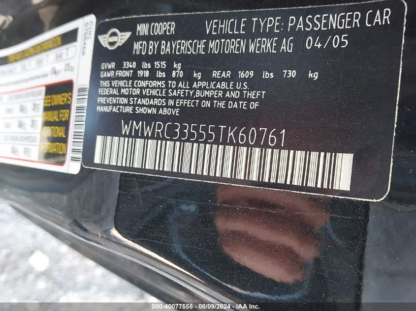 2005 Mini Cooper VIN: WMWRC33555TK60761 Lot: 40077555