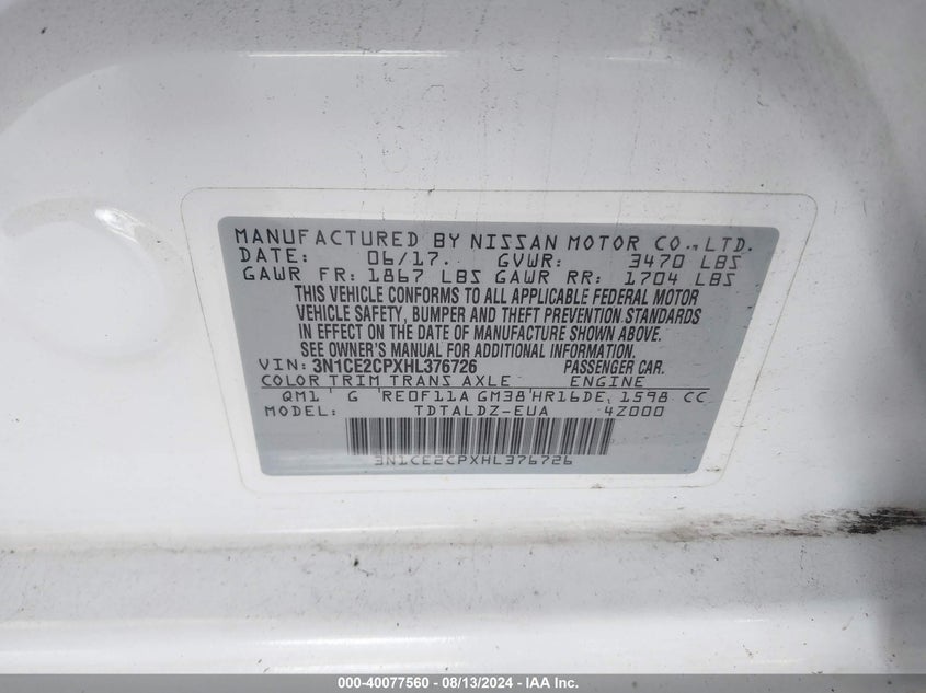 2017 Nissan Versa Note S/S Plus/Sv/Sl/Sr VIN: 3N1CE2CPXHL376726 Lot: 40077560