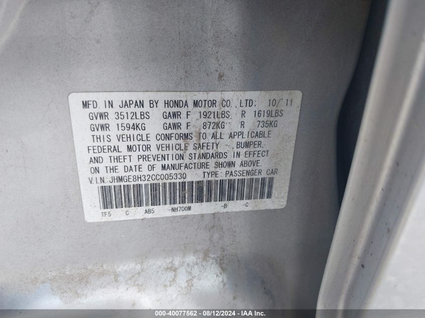 2012 Honda Fit VIN: JHMGE8H32CC005330 Lot: 40077562