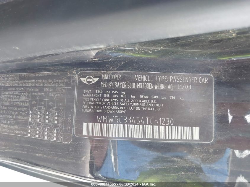 2004 Mini Cooper VIN: WMWRC33454TC51230 Lot: 40077565