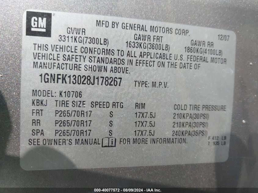 2008 Chevrolet Tahoe Lt VIN: 1GNFK13028J178267 Lot: 40077572