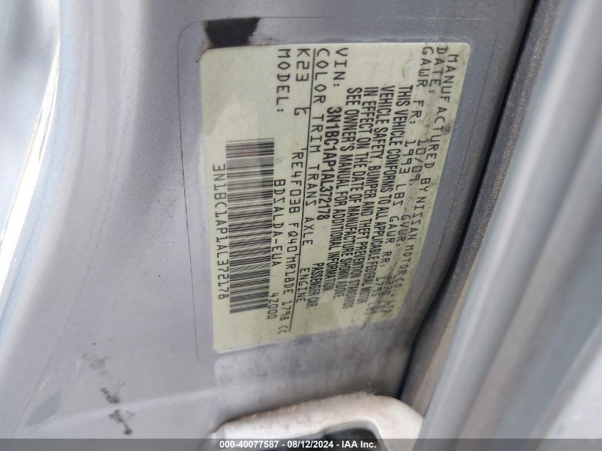 2010 Nissan Versa 1.8S VIN: 3N1BC1AP1AL372178 Lot: 40077587